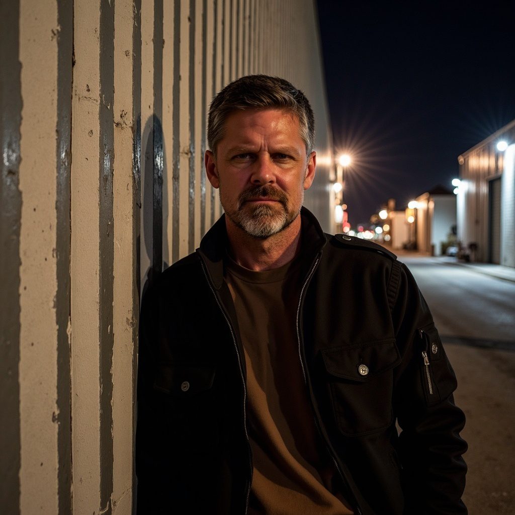 Man standing on nighttime street, wearing jacket.
