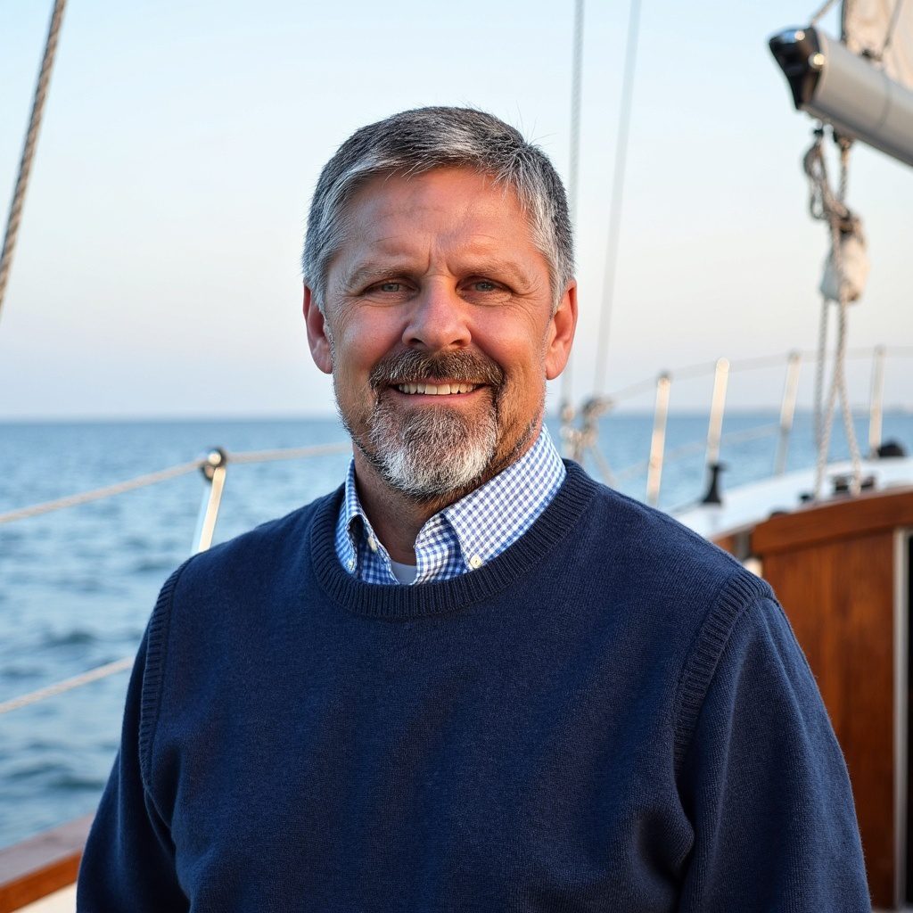 Man smiling on a boat at sea.