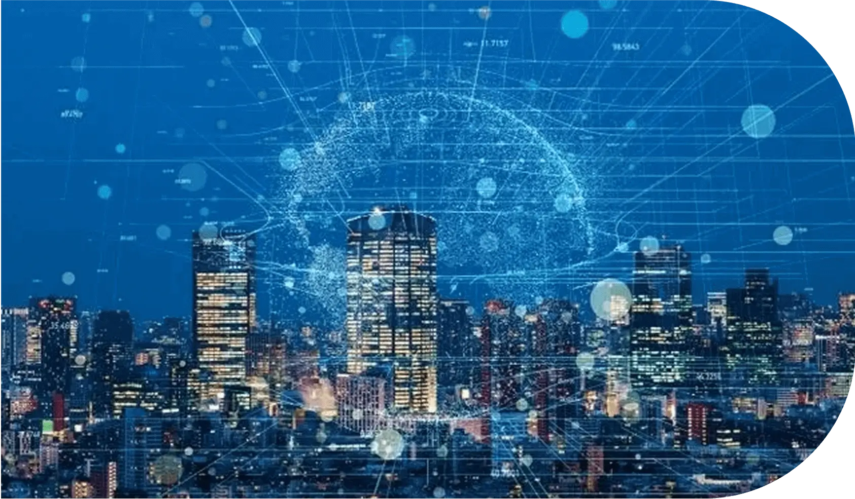 Futuristic cityscape with digital globe overlay.